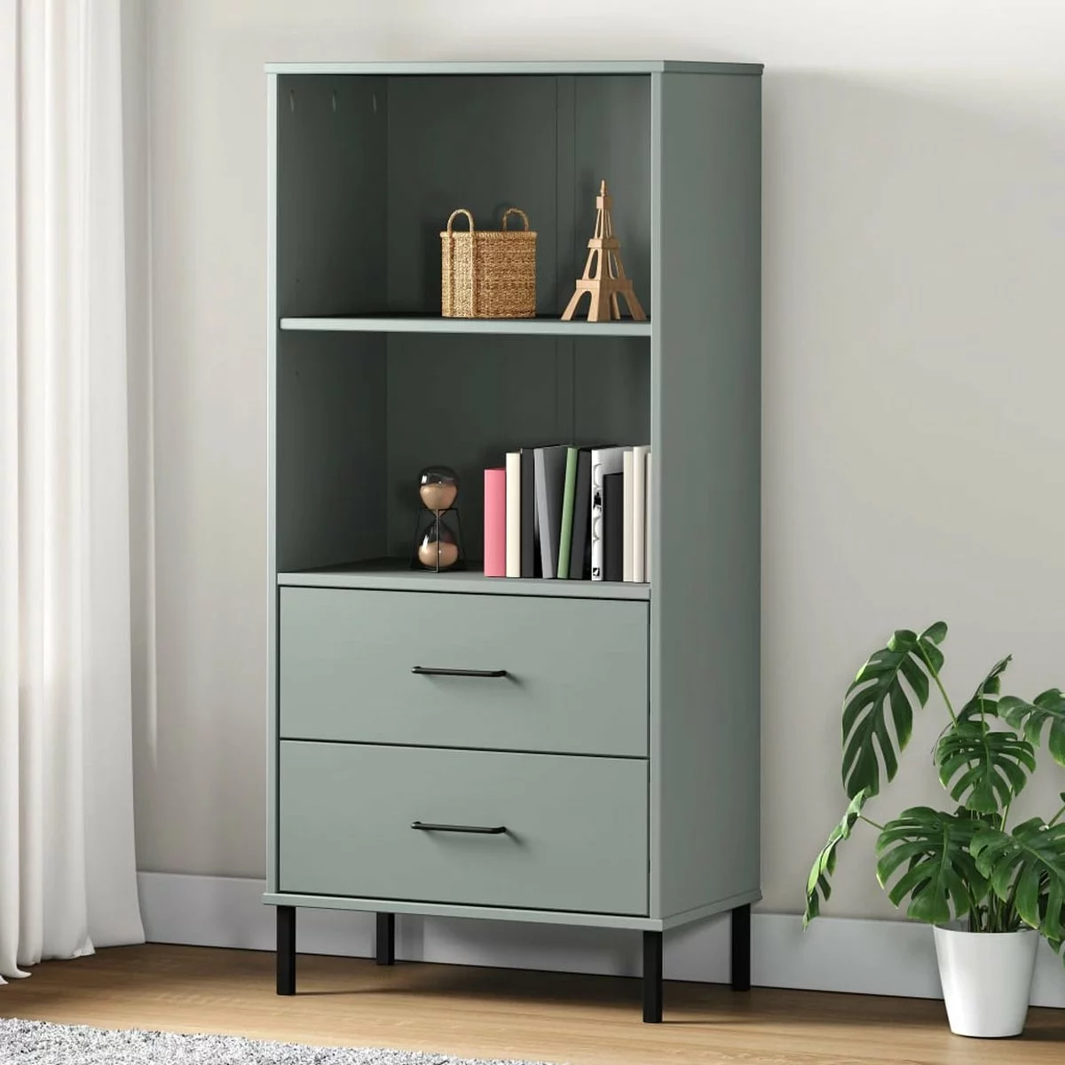 Furniture Limited - Boekenkast Met 2 Lades OSLO 60x35x128,5 Cm Massief Hout Grijs - Afbeelding 9