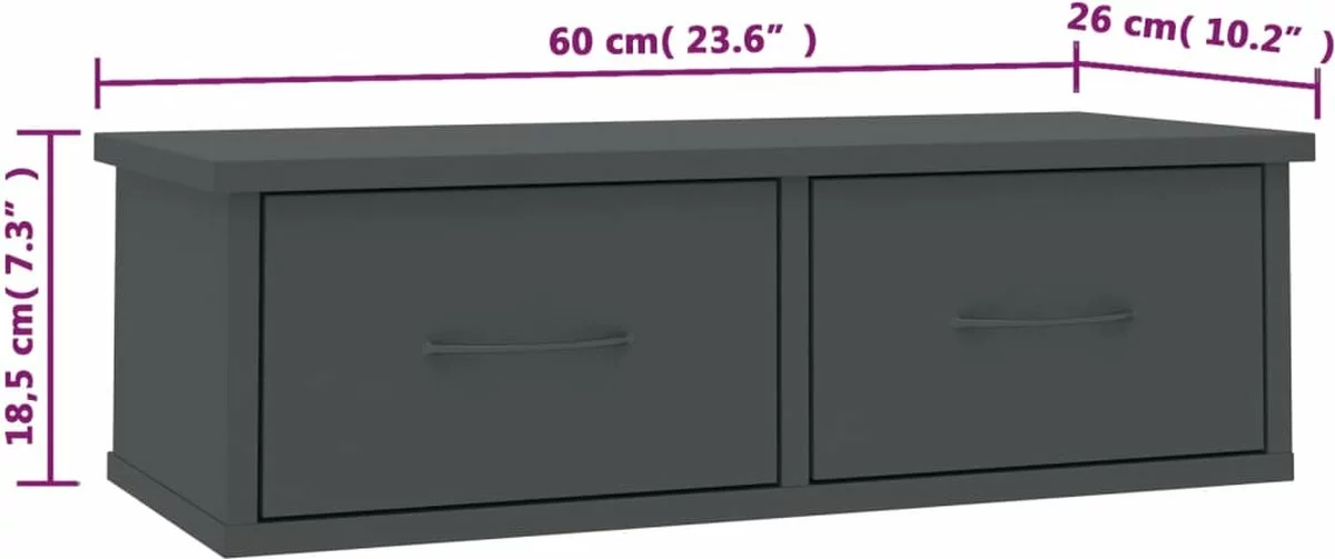 Furniture Limited - Wandschap Met Lades 60x26x18,5 Cm Bewerkt Hout Grijs - Afbeelding 5