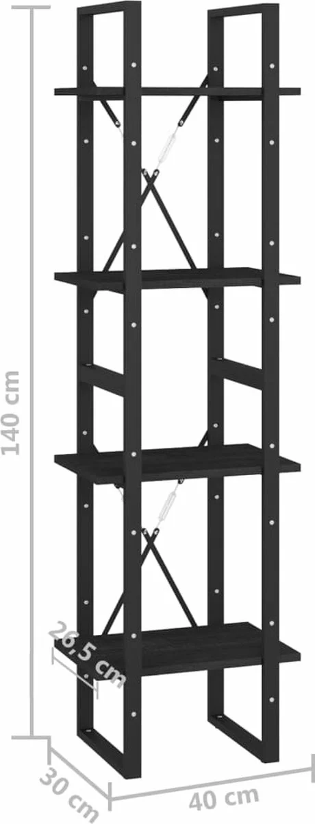 Furniture Limited - Boekenkast Met 4 Schappen 40x30x140 Cm Massief Grenenhout Zwart - Afbeelding 6