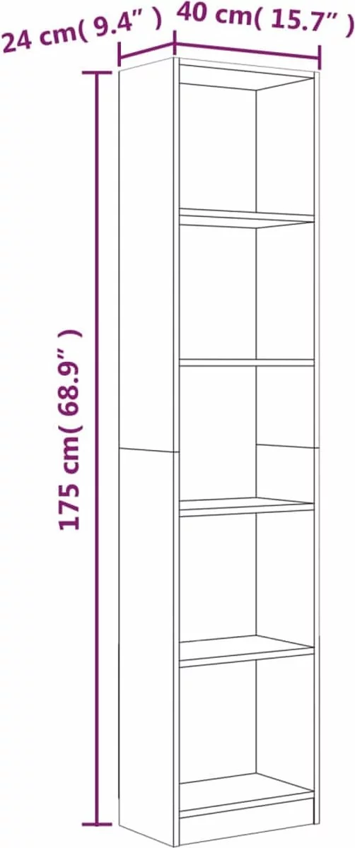 Furniture Limited - Boekenkast 40x24x175 Cm Bewerkt Hout Grijs Sonoma Eikenkleurig - Afbeelding 4
