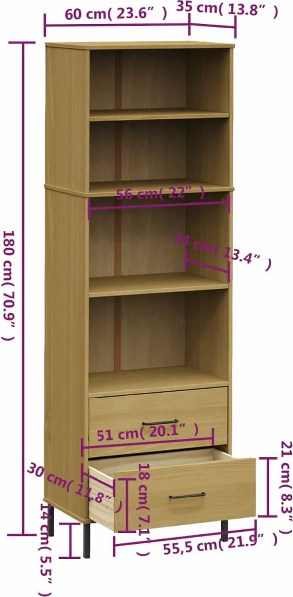 Furniture Limited - Boekenkast Met 2 Lades OSLO 60x35x180 Cm Massief Hout Bruin - Afbeelding 7