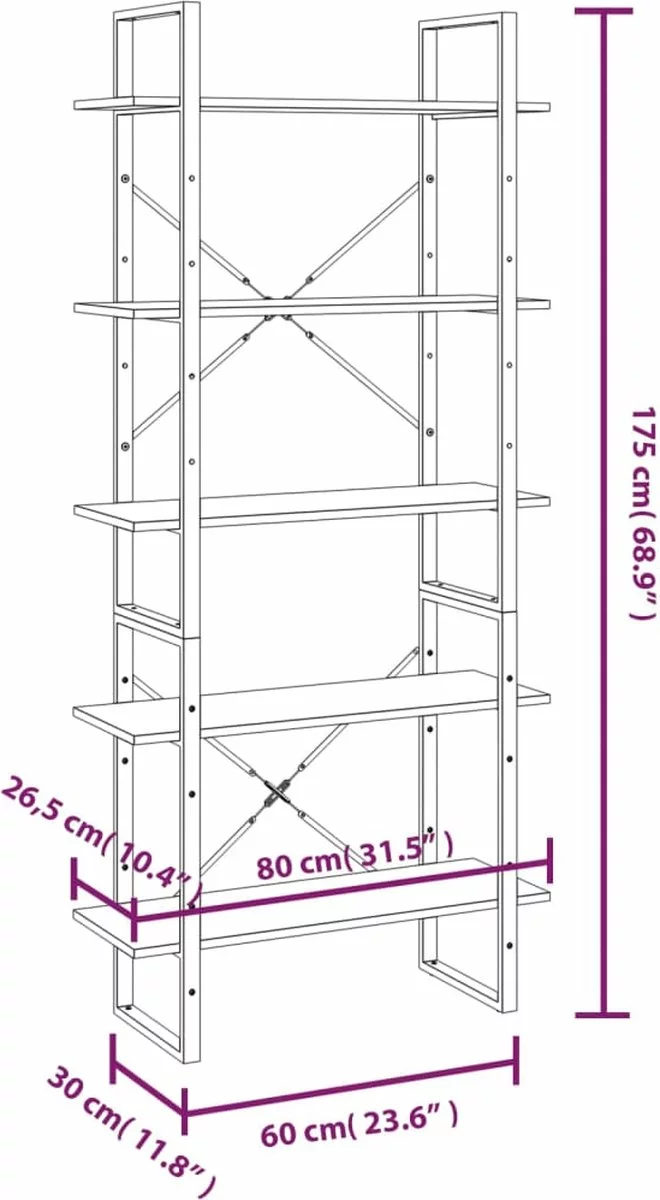 Furniture Limited - Boekenkast 80x30x175 Cm Bewerkt Hout Bruineiken - Afbeelding 3