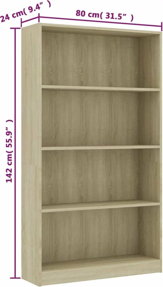 Furniture Limited - Boekenkast Met 4 Schappen 80x24x142 Cm Bewerkt Hout Sonoma Eik - Afbeelding 3