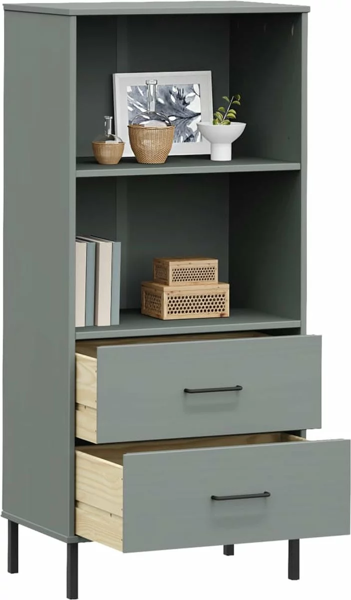 Furniture Limited - Boekenkast Met 2 Lades OSLO 60x35x128,5 Cm Massief Hout Grijs - Afbeelding 5