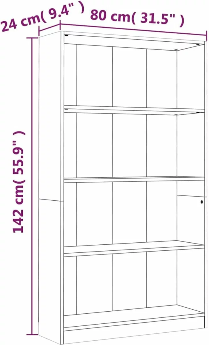 Furniture Limited - Boekenkast 4-laags 80x24x142 Cm Bewerkt Hout Gerookt Eikenkleur - Afbeelding 3