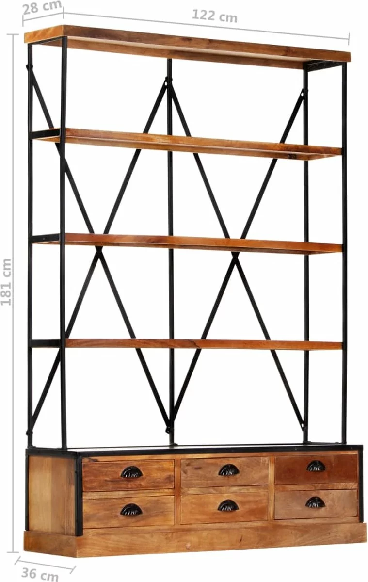 Furniture Limited - Boekenkast 4-laags Met 6 Lades 122x36x181 Cm Massief Mangohout - Afbeelding 4