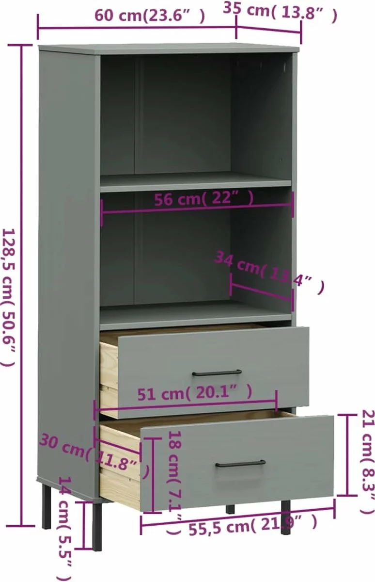 Furniture Limited - Boekenkast Met 2 Lades OSLO 60x35x128,5 Cm Massief Hout Grijs - Afbeelding 8