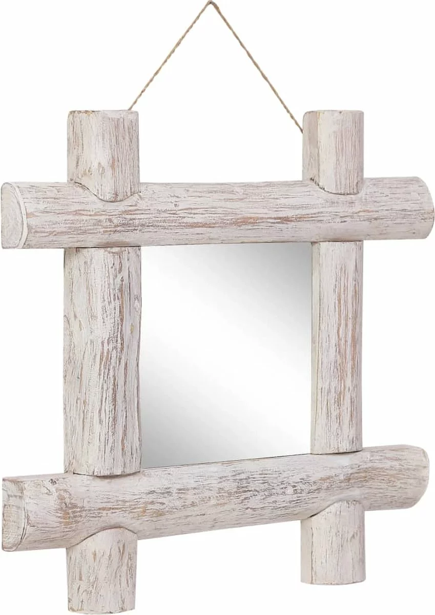 Furniture Limited - Spiegel Houtblokken 50x50 Cm Massief Gerecycled Hout Wit - Afbeelding 3