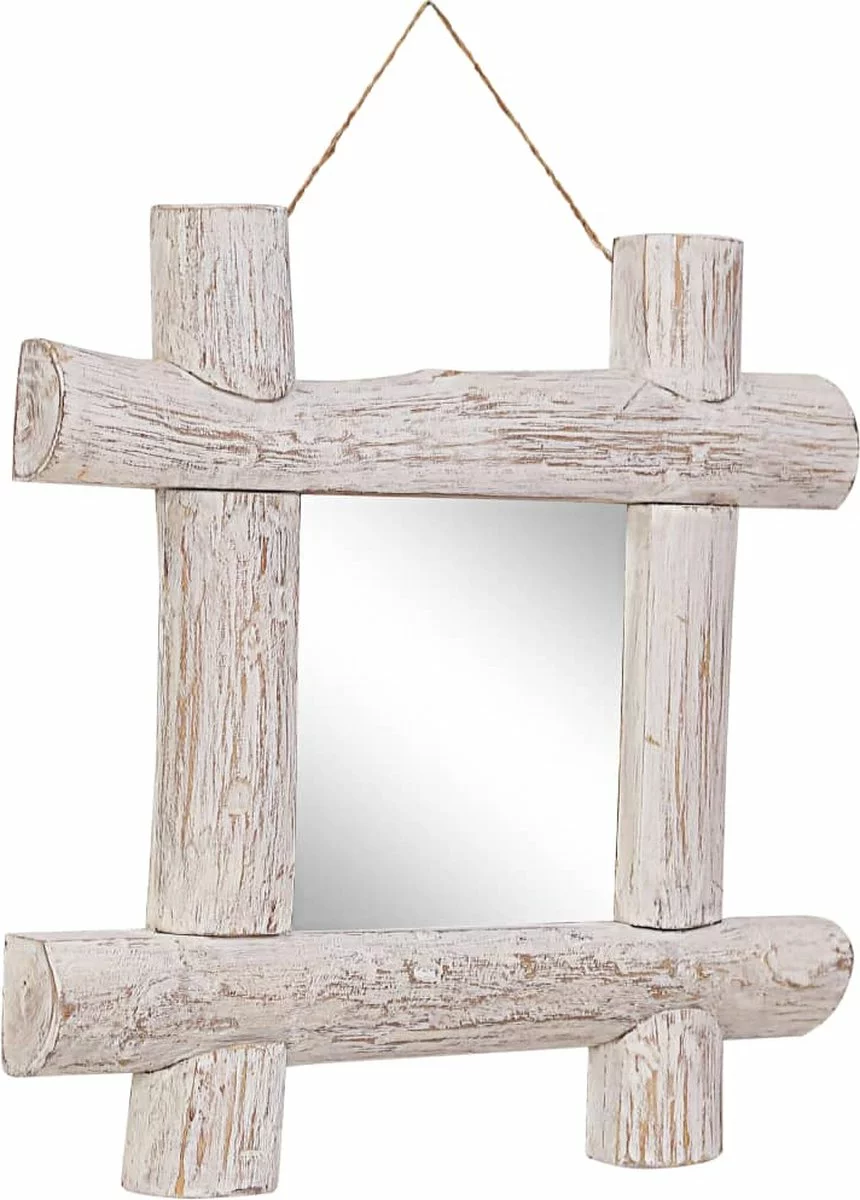 Furniture Limited - Spiegel Houtblokken 50x50 Cm Massief Gerecycled Hout Wit - Afbeelding 7