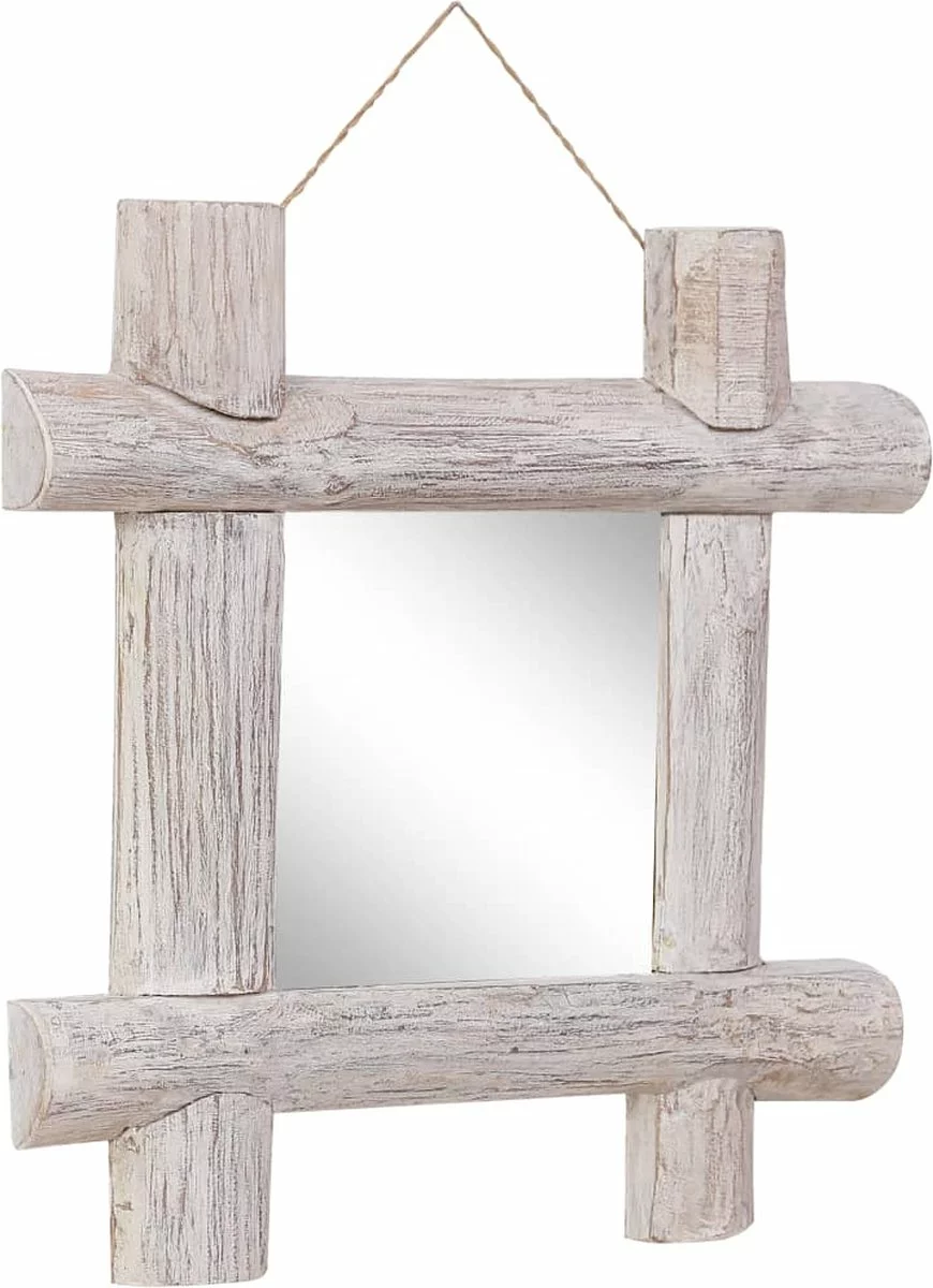 Furniture Limited - Spiegel Houtblokken 50x50 Cm Massief Gerecycled Hout Wit - Afbeelding 2